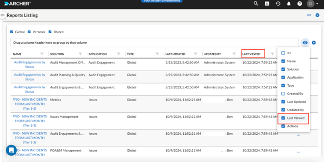 The image shows the Reports Lising page with the new Last Viewed checkbox option selected and the Last Viewed column displayed on the screen.